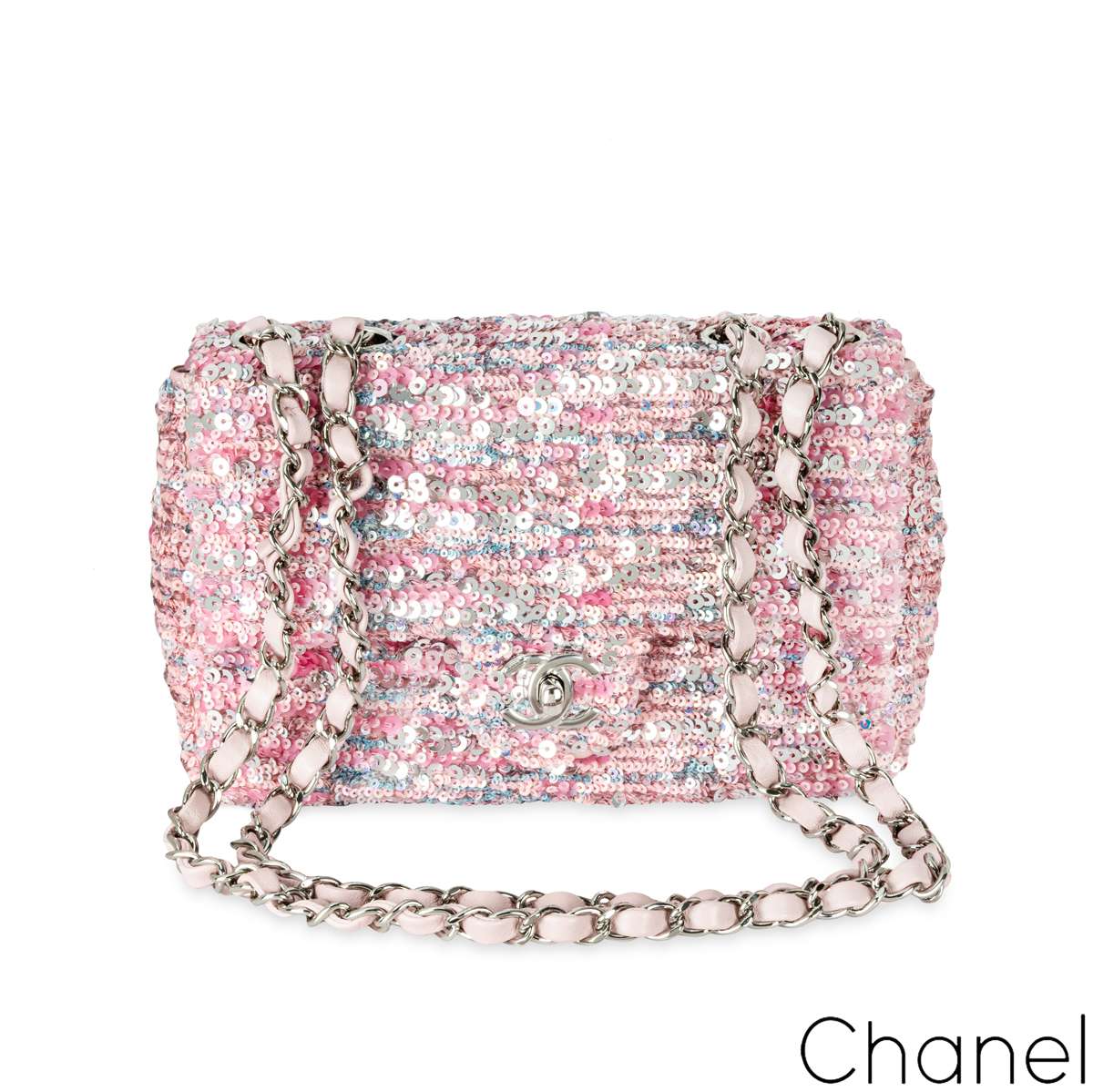Chanel Pink & Silver Sequin Single Flap Silver Tone Hardware Bag